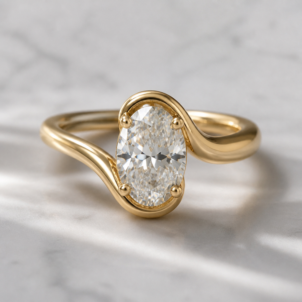 Fluid ring featuring a three carat oval
photorealistic jewelry design, Fluid ring featuring a three carat oval, minimalist style, just the design no text