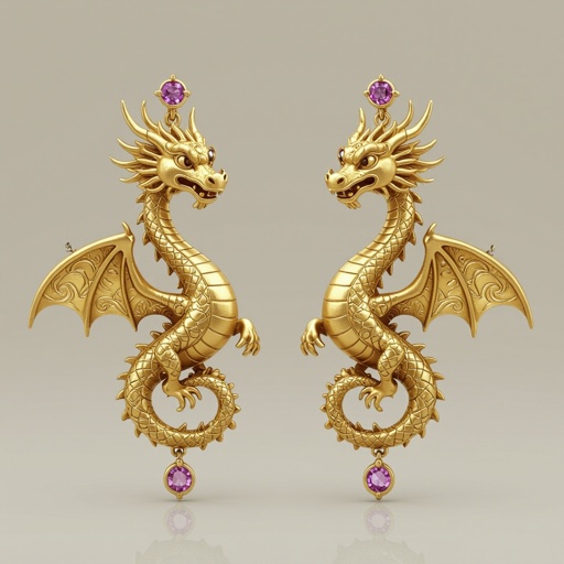 Золотые матовые серьги со схематическим изображением дракона узоры и камни мелкие раузтопаз