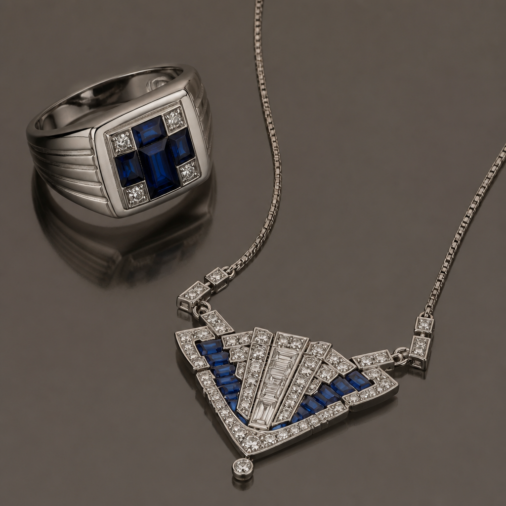 A vintage men's ring made of white gold with sapphire stones. un collare in cui che un pallacio divertente di brillanti
photorealistic jewelry design, A vintage men's ring made of white gold with sapphire stones. un collare in cui che un pallacio divertente di brillanti, vintage style, just the design no text