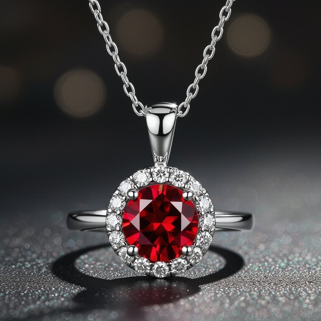 1 ct round garnet, surrounded by smaller diamonds on a necklace pendant 