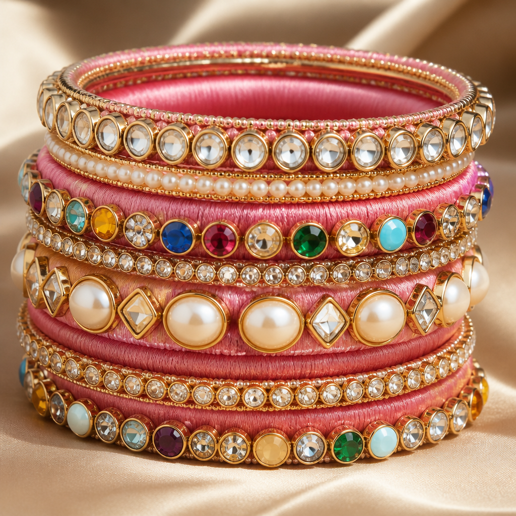 A women's bracelet with pearl and diamond and ruby and sapphire and emerald and amethyst and opal and topaz and garnet and aquamarine and turquoise stones suitable for formal. a silkthread bangle set made of pink
color, kundan Stones,stone chain,other stones
photorealistic jewelry design, A women's bracelet with pearl and diamond and ruby and sapphire and emerald and amethyst and opal and topaz and garnet and aquamarine and turquoise stones suitable for formal. a silkthread bangle set made of pink
color, kundan Stones,stone chain,other stones, modern style, just the design no text