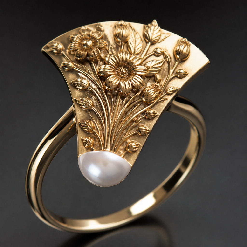 A women's ring. bague en or vec une gerbe de fleurs gravée sortant d'une demie perle
photorealistic jewelry design, A women's ring. bague en or vec une gerbe de fleurs gravée sortant d'une demie perle, modern style, just the design no text