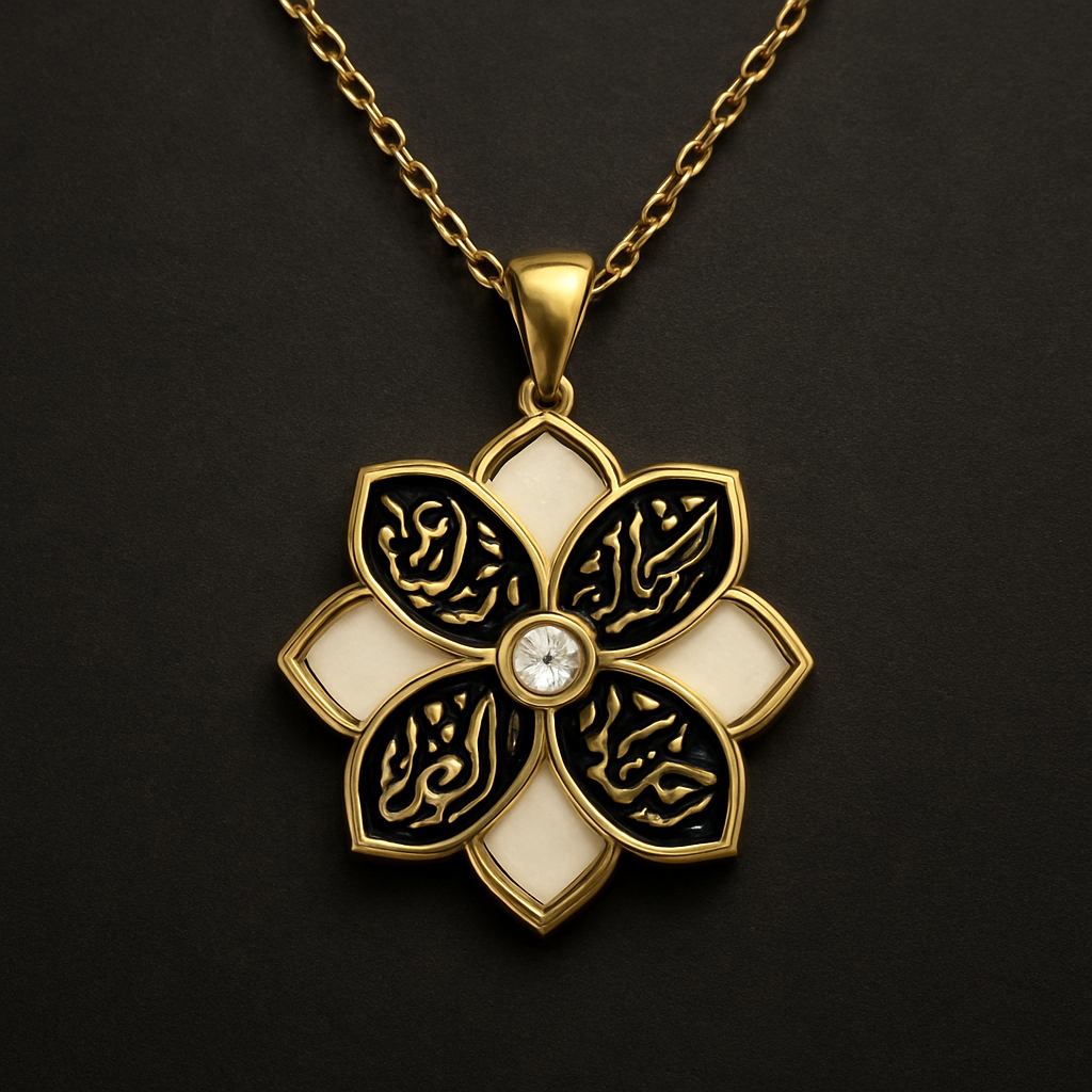 A wedding necklace featuring a single marigold-shaped pendant made only of the flower, with no stem and no leaves.
The petals are a mix of white and black, arranged in a balanced, elegant pattern: the outer petals are white, and the inner ring of petals is black.

Every petal is outlined with thin, polished gold edges to create definition and contrast.
The center of the flower contains a small, faceted white gemstone set in a gold prong setting.

The pendant hangs from a delicate, fine gold chain—not thick, but strong and elegant—matching the gold outlines of the flower.
The overall style is inspired by Ottoman-inspired jewelry like the elegant wedding pieces seen in Kuruluş Osman, but without excessive ornamentation.
The design feels refined, symmetrical, and suitable as a wedding necklace.
