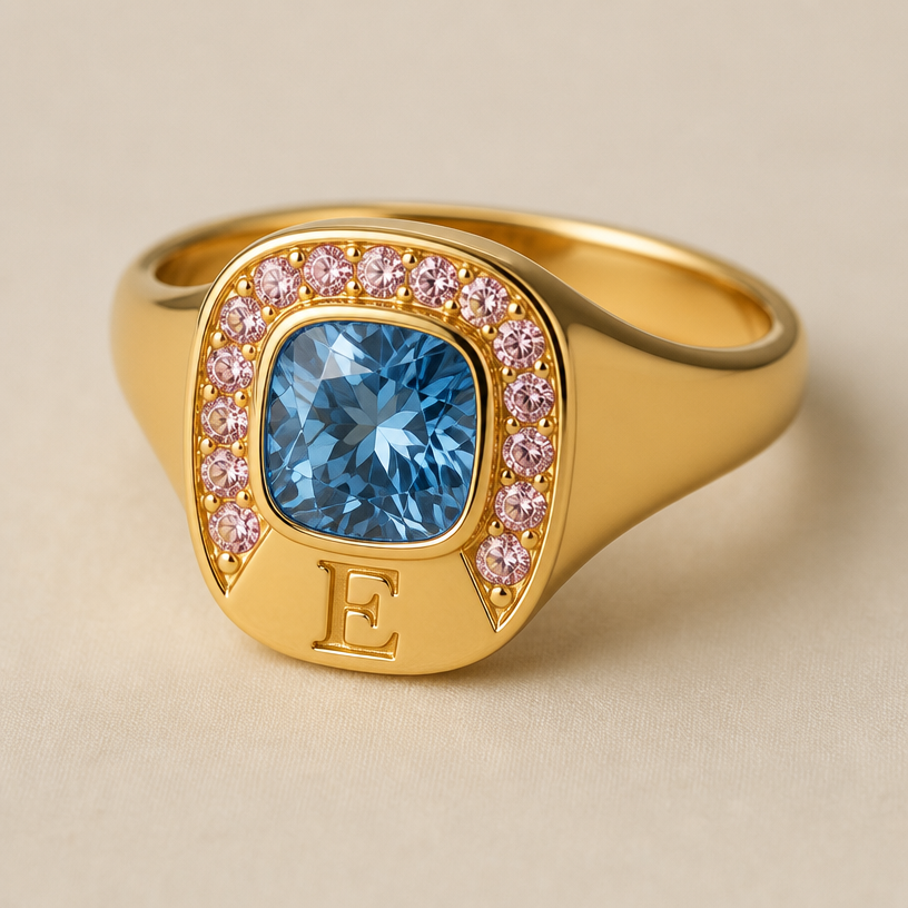 A women's ring. anel de 15 anos nesse estilo pedra azul no meio e rosa em volta com a inicial E
using the attached image as a visual reference, create A women's ring. anel de 15 anos nesse estilo pedra azul no meio e rosa em volta com a inicial E. photorealistic, just the design no text