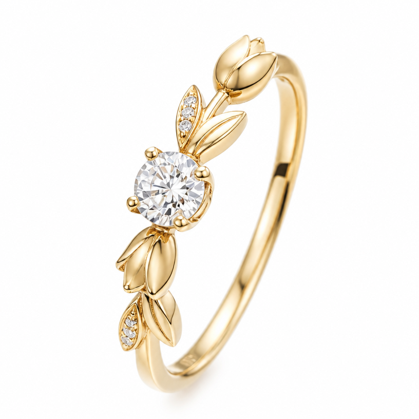 A modern women's ring made of gold with diamond stones suitable for engagement. un anillo de oro, cambiar los corazones por tulipanes
using the attached image as a visual reference, create A modern women's ring made of gold with diamond stones suitable for engagement. un anillo de oro, cambiar los corazones por tulipanes. photorealistic, just the design no text