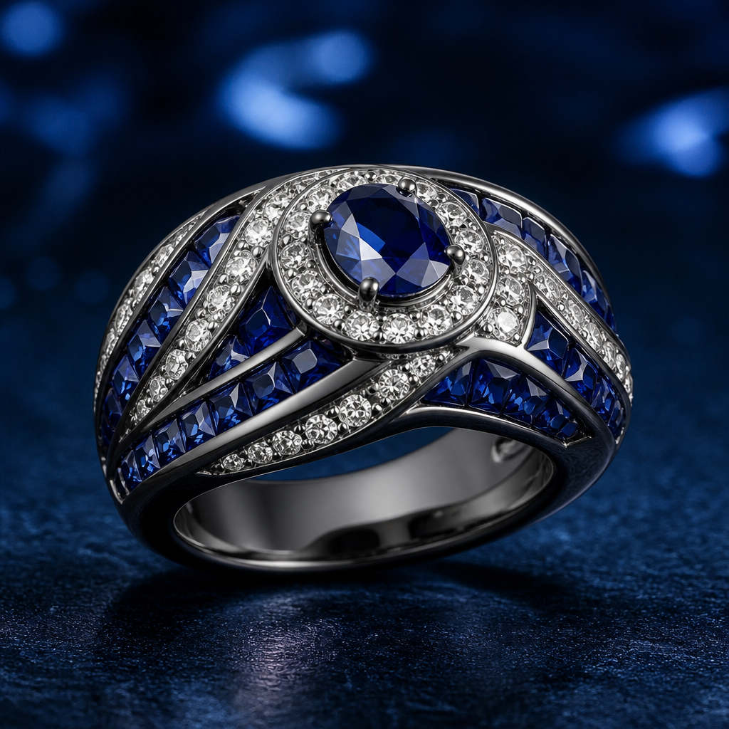 A luxury women's ring made of titanium with sapphire stones suitable for party
photorealistic jewelry design, A luxury women's ring made of titanium with sapphire stones suitable for party, luxury style, just the design no text
