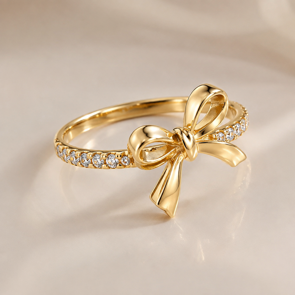 A minimalist women's ring made of gold suitable for birthday, detailed and decorative, moderately ornate. ring with the aesthetic ribbon design and the ribbon is tilting to right a bit. the ring goes around the ribbon not under the ribbon. the ribbon is tied like a double knot and the ribbon has two same size loops. the gemstone is place around the ring but not fully and at the ribbon doesn't have a gemstone . gemstone is in small size
photorealistic jewelry design, A minimalist women's ring made of gold suitable for birthday, detailed and decorative, moderately ornate. ring with the aesthetic ribbon design and the ribbon is tilting to right a bit. the ring goes around the ribbon not under the ribbon. the ribbon is tied like a double knot and the ribbon has two same size loops. the gemstone is place around the ring but not fully and at the ribbon doesn't have a gemstone . gemstone is in small size, minimalist style, just the design no text