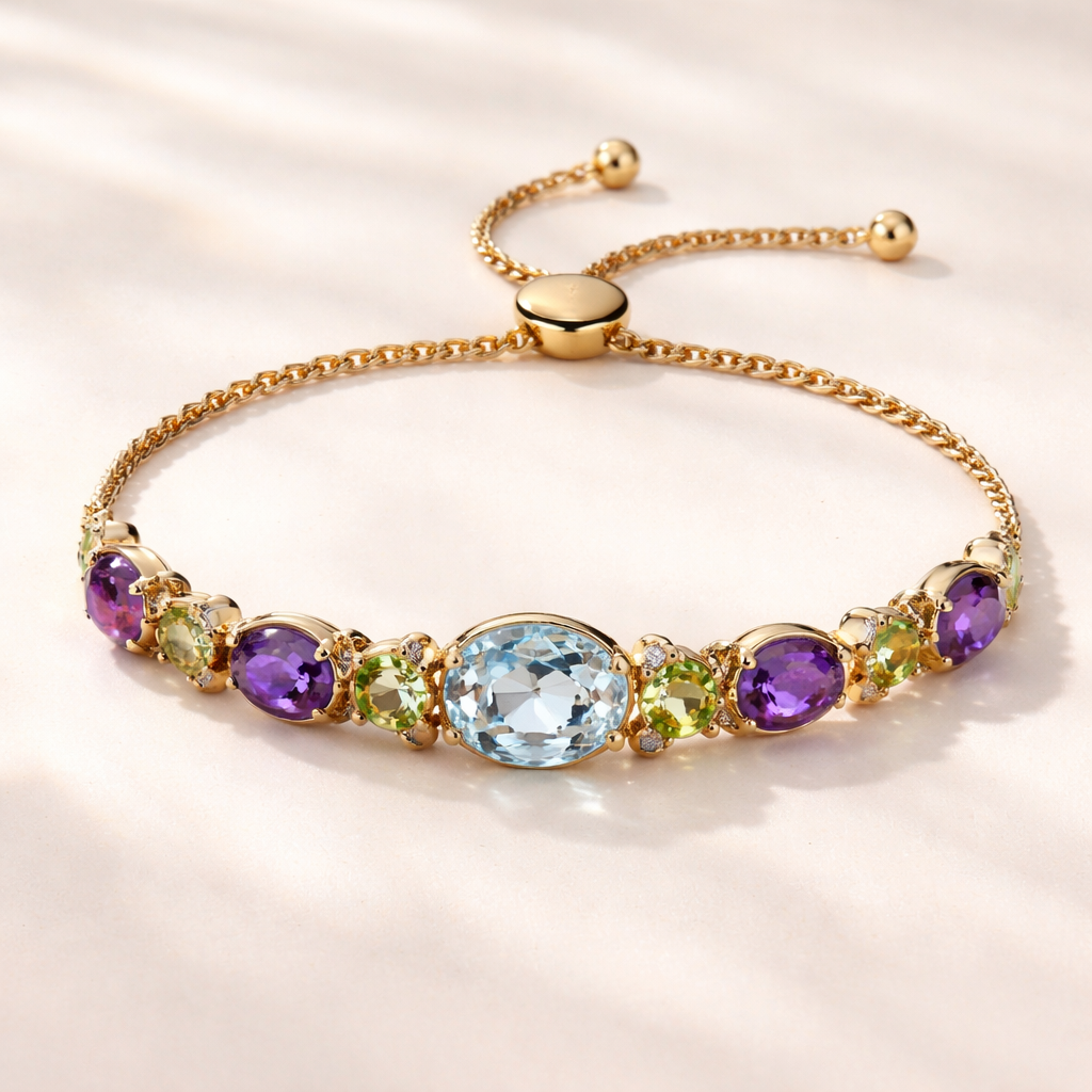 Gold adjustable bracelet with aquamarine peridot amethysts for Brahmin