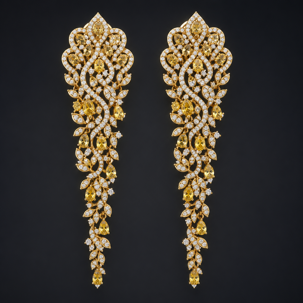 A luxury women's earrings made of gold suitable for wedding. create a matching long earrings for this Necklace , the earring should have Yellow Coloured stones placed at random . The top part should be Wide as it goes down give a tapering effect .
photorealistic jewelry design, A luxury women's earrings made of gold suitable for wedding. create a matching long earrings for this Necklace , the earring should have Yellow Coloured stones placed at random . The top part should be Wide as it goes down give a tapering effect ., luxury style, just the design no text