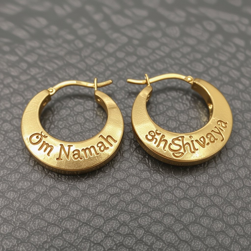 Золотые матовые серьги полукруг. На полукруге надпись изящным шрифтом om namah shivaya