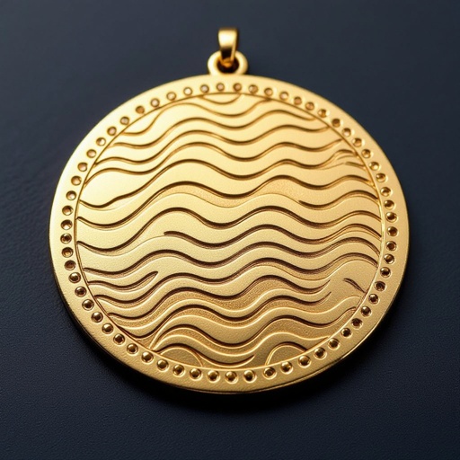 Золотой матовый медальон в форме неровного круга с неровными краями. По краям выпуклые точки сплошной линией. На круге разные волнистые узоры 