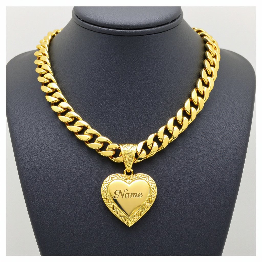 Catena con cuore pendente senza intagli traverso in oro senza pietre con nome inciso con catena di traverso