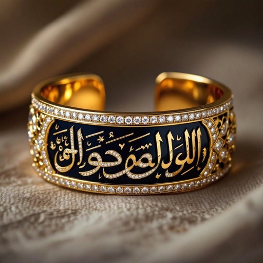 wrist adorned with a gold cuff bracelet, designed around Arabic calligraphy. • The photo style is artistic / editorial: soft-focus, warm tones, and a painterly effect. • The bracelet sits firmly on the wrist, occupying the central focus of the picture.