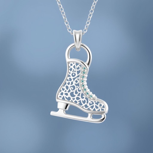 Silver Pendant shape one ice skate with turquoise stripe inside the low thin part blade