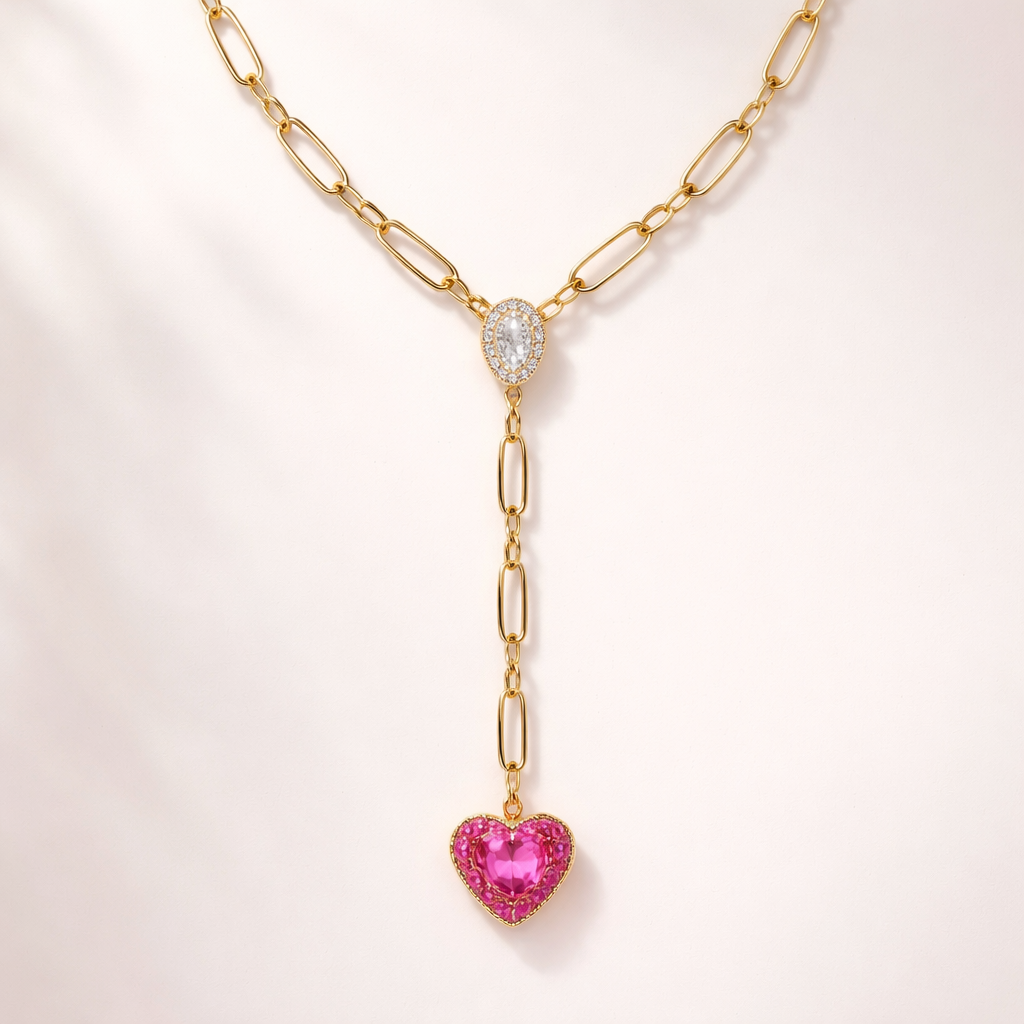 paste)
Ultra-realistic luxury gold necklace, modern feminine design, 18k yellow gold elongated paperclip chain with alternating oval links and small round connectors, slightly chunky but refined proportions, polished high-shine finish, Y-shaped drop silhouette, center junction with a small pavé diamond oval charm, delicate micro-pavé setting with white diamonds, vertical drop chain ending with a vivid hot pink heart-shaped pendant, pavé-set pink gemstones (ruby or pink sapphire look), soft romantic aesthetic, feminine luxury, minimal yet statement, clean ivory background, soft diffused studio lighting, subtle shadows, high-end jewelry photography, Cartier meets contemporary boutique designer, extremely detailed, realistic reflections, macro texture, 4k render
⸻
💖 DESIGN BREAKDOWN (so you understand it like a designer)
🔗 Chain
• Style: elongated paperclip chain
• Shape: long oval links + small connectors
• Finish: high polish yellow gold
• Vibe: modern, slightly chunky but still elegant
⸻
✨ Structure (IMPORTANT)
• Not just a necklace → Y-drop style
• Center connection point
• One chain drops down vertically
👉 This makes it:
• more statement
• more “styled” not basic
⸻
💎 Middle detail
• Small oval pavé charm
• White diamonds
• Adds sparkle but stays minimal
⸻
💗 Bottom pendant
• Heart-shaped charm
• Bright pink (ruby/pink sapphire vibe)
• Fully pavé (covered in stones)
👉 This is the “personality piece”
⸻
💅 If you want it MORE luxury (upgrade prompt)
Add this to prompt:
• “slightly thicker gold weight”
• “graduated link sizing toward center”
• “custom designer clasp detail”
• “soft pink gemstone glow”
• “subtle gold curvature organic links”
⸻
💖 MY DESIGN NOTE (important for your brand)
This piece works because:
👉 balance of:
• minimal chain
• • ONE bold pink detail
⸻
If you want next:
👉 I can redesign this into your brand version (more unique, not basic paperclip)
Say:
“make it more signature”