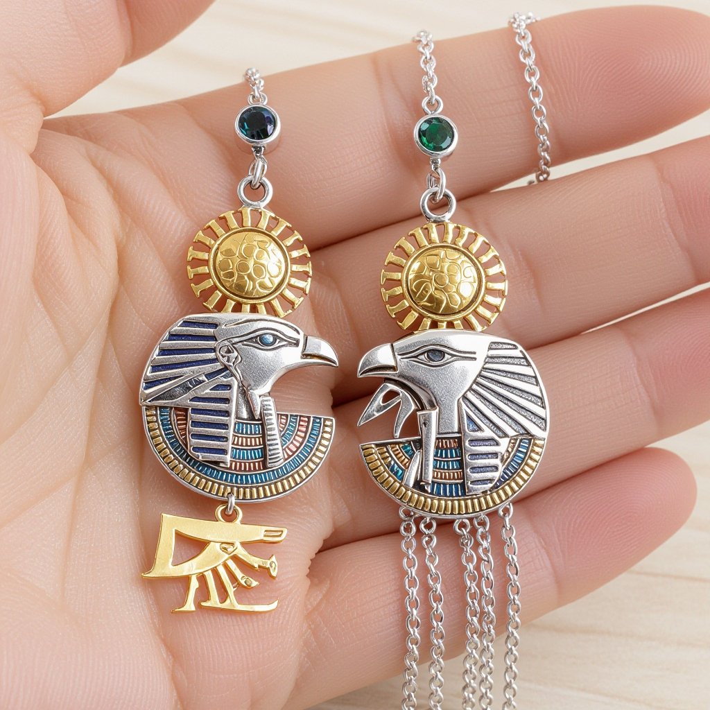 Zototy long earrings with a pendant symbolic image of the Egyptian god Ra with a bird's head symbol of the sun long chains