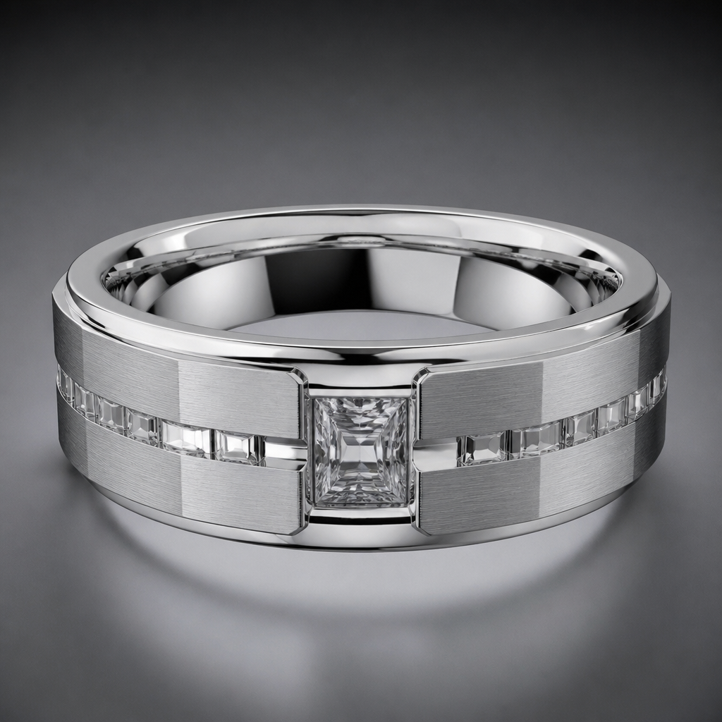 A unique diamond men’s wedding band
photorealistic jewelry design, A unique diamond men’s wedding band , luxury style, just the design no text