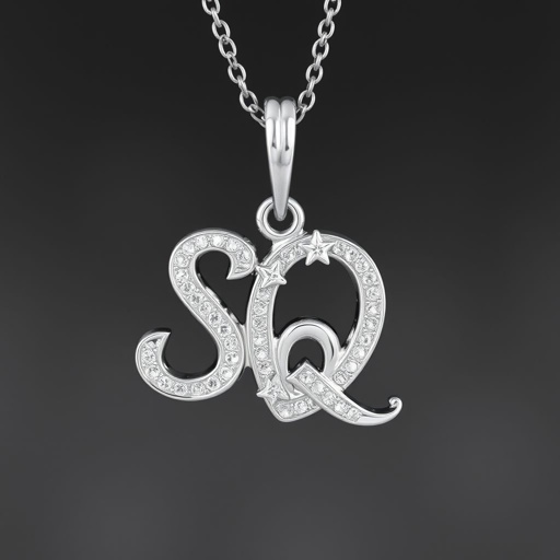 silver necklace with the pendant in letter letters SQ with white  stones. Make it cute and simple 
