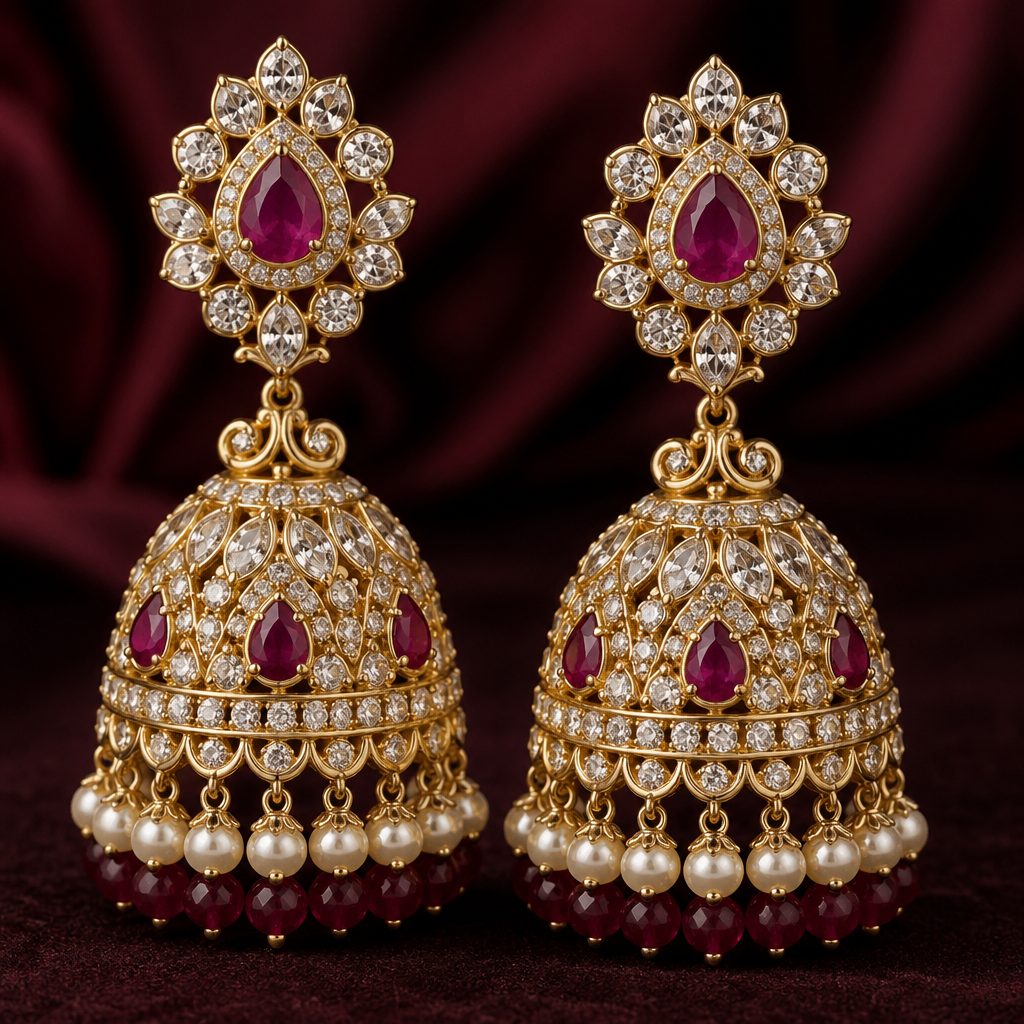 A luxury women's earrings made of gold with diamond and ruby stones. includes shank and in a pattern of jhumki
photorealistic jewelry design, A luxury women's earrings made of gold with diamond and ruby stones. includes shank and in a pattern of jhumki, luxury style, just the design no text