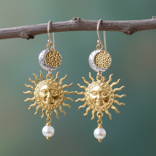 Золотые серьги словно мятое золото в форме солнца с волнистыми лучами крепится к застежке серьги. К нижней части солнца крепятся подвески: миниатюрная серебристая луна, очень маленький жемчуг и маленький золотой кружочек с мятым эффектом плоский