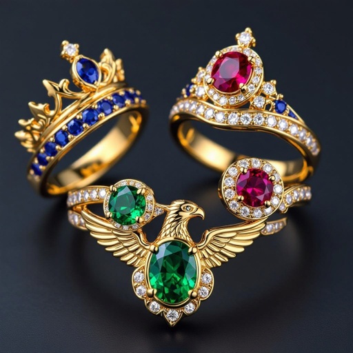 Blue Saphire Stones for Ravenclaw, Green emeralds for Slytherin, red rubins for Griffindor, yellow diamonds for Hufflepuff, Harry Potter Style, in the form of the fitting animals. Male it Four crowns