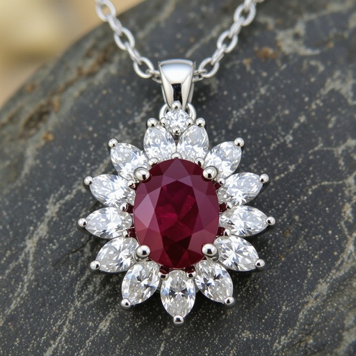 7x5mm oval pigeon blood ruby with 8 marquis cut diamonds each .08ct set in white gold pendant 