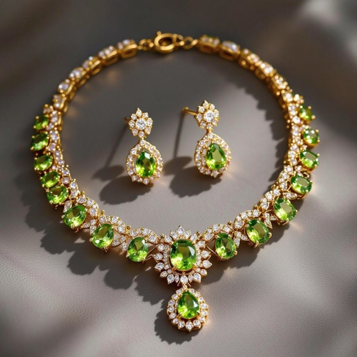 Necklace and earring with peridot and diamond with gold