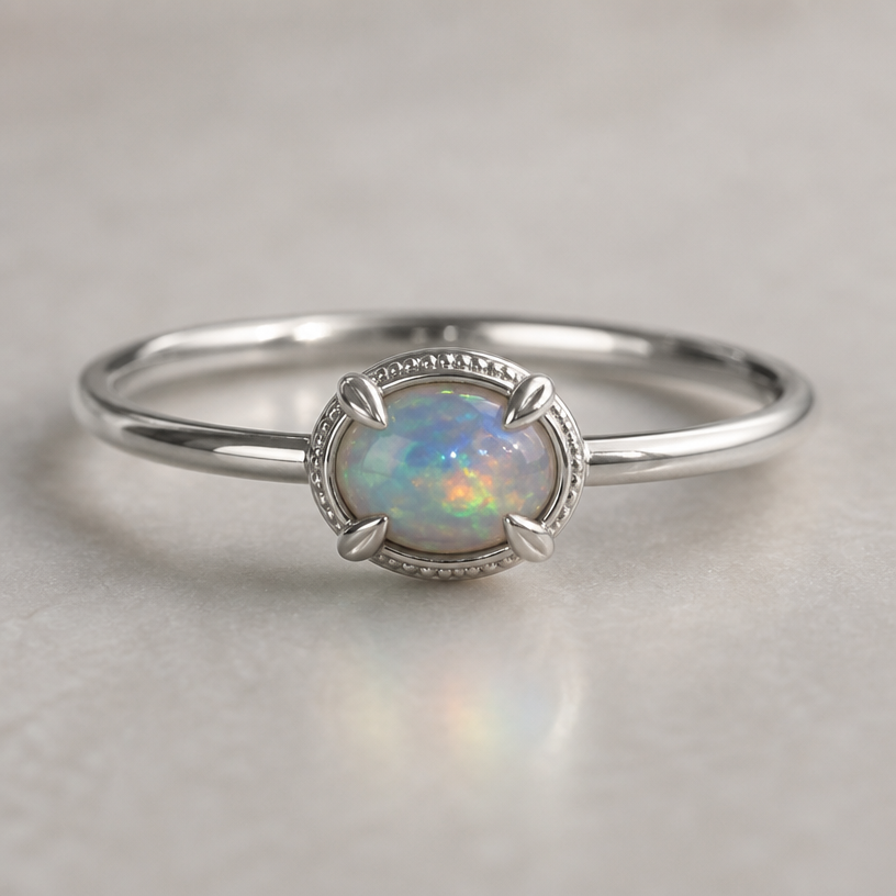 A women's ring made of silver, minimalist, simple and delicate, clean lines. the opal in the picture with leaf shape prongs and something around the bezel
using the attached image as a visual reference, create A women's ring made of silver, minimalist, simple and delicate, clean lines. the opal in the picture with leaf shape prongs and something around the bezel. photorealistic, just the design no text