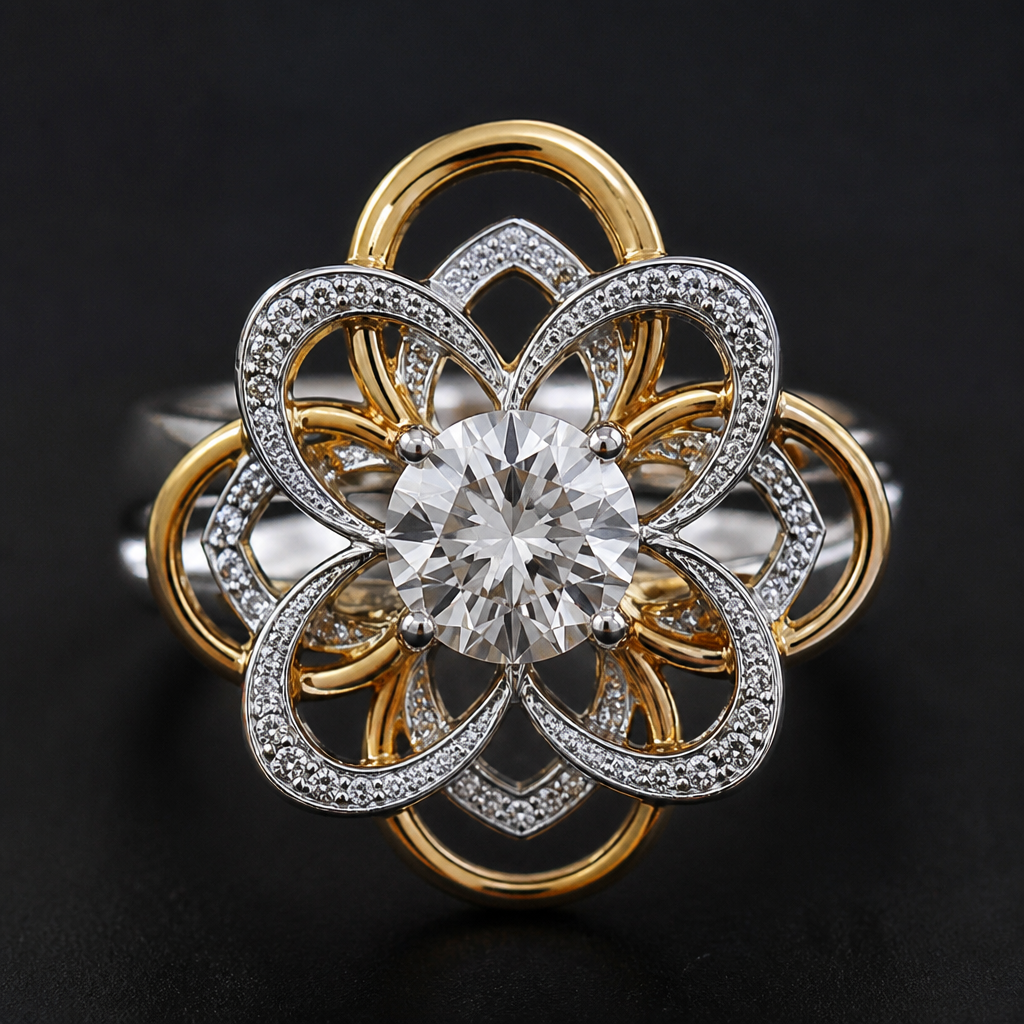 A statement women's ring made of mixed metal with diamond stones suitable for festival. An extraordinary excellent beautiful delicate and elegant solitaire women ring. Face of the ring.
photorealistic jewelry design, A statement women's ring made of mixed metal with diamond stones suitable for festival. An extraordinary excellent beautiful delicate and elegant solitaire women ring. Face of the ring., statement style, just the design no text