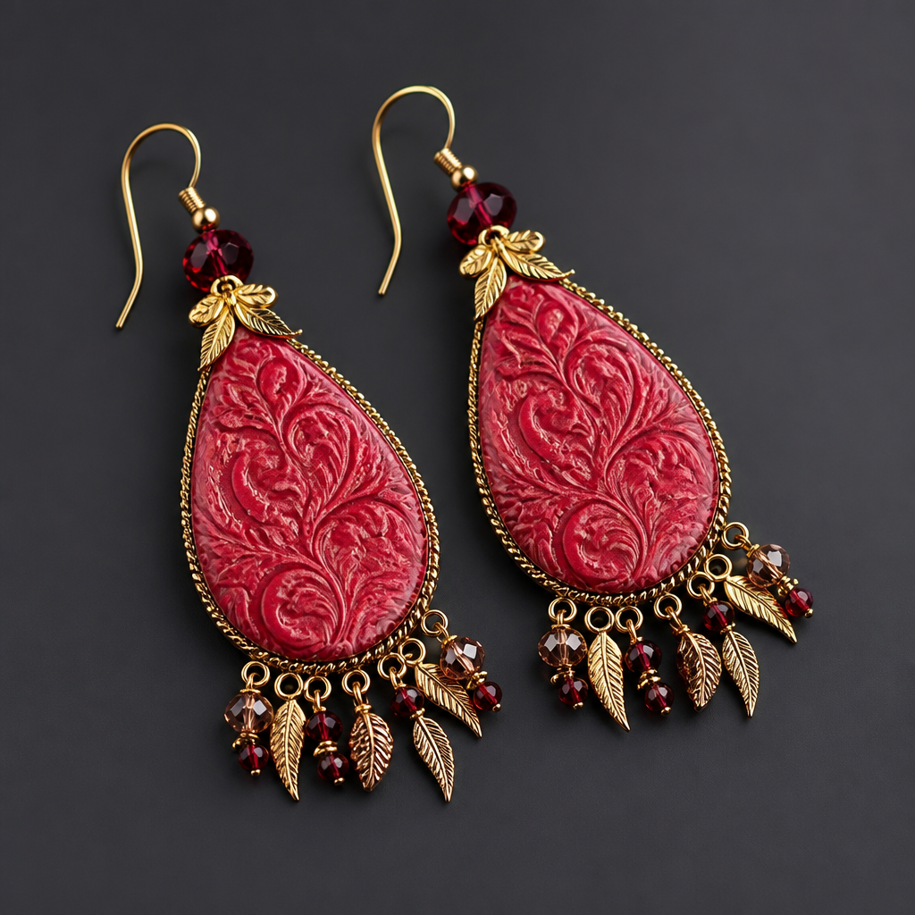 Create an artistic earring using the red embossed pink leather image teardrop shape 3 inches in length. Create a finished artistic design of an earring using embellishments and other materials that can be handmade in 1.5 hours or less. Overall image should have a luxurious appearance and eye catching.
photorealistic jewelry design, Create an artistic earring using the red embossed pink leather image teardrop shape 3 inches in length. Create a finished artistic design of an earring using embellishments and other materials that can be handmade in 1.5 hours or less. Overall image should have a luxurious appearance and eye catching., artistic style, just the design no text