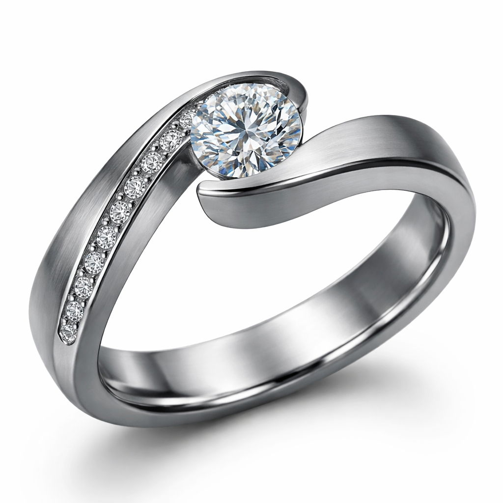 A contemporary women's ring made of titanium with diamond stones suitable for engagement
A contemporary women's ring made of titanium with diamond stones suitable for engagement, contemporary style
