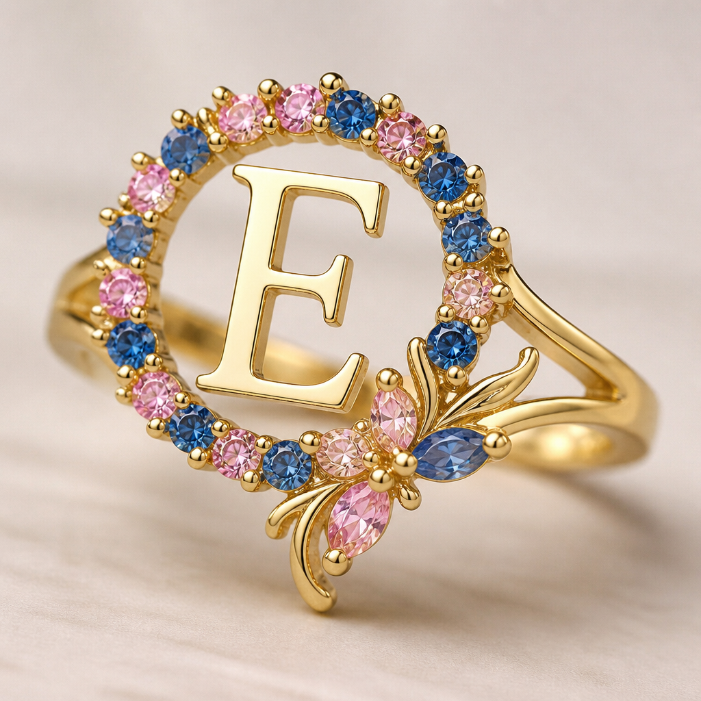 A modern women's ring made of gold, detailed and decorative, moderately ornate. um anel de 15 anos com inicial E com pedrinhas azul e pedrinhas rosa em volta
photorealistic jewelry design, A modern women's ring made of gold, detailed and decorative, moderately ornate. um anel de 15 anos com inicial E com pedrinhas azul e pedrinhas rosa em volta, modern style, just the design no text