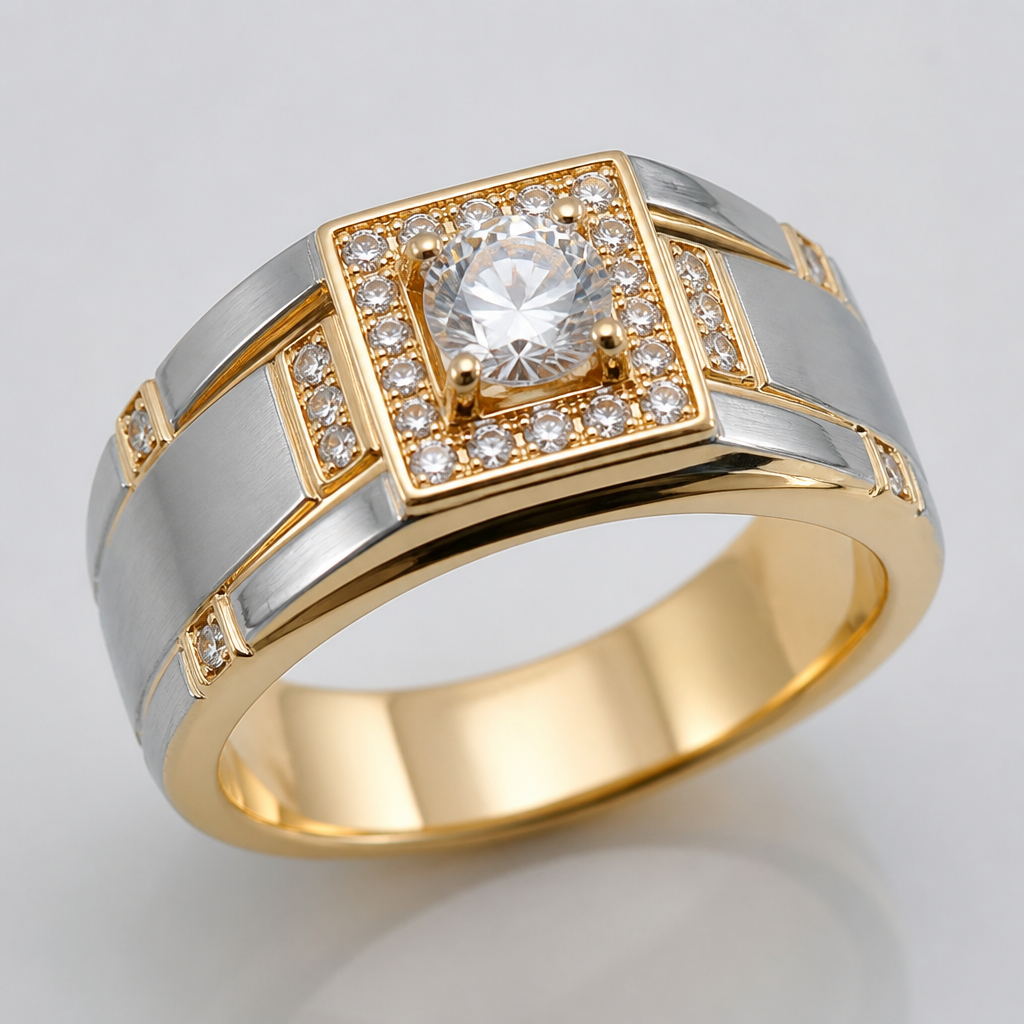 A women's ring, detailed and decorative, moderately ornate. ANILLO DE CABALLERO CON ZIRCONES BLANCOS EN ORO Y PLATINO
photorealistic jewelry design, A women's ring, detailed and decorative, moderately ornate. ANILLO DE CABALLERO CON ZIRCONES BLANCOS EN ORO Y PLATINO, modern style, just the design no text