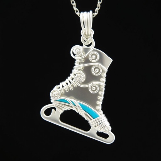 Silver Pendant shape one ice skate with turquoise stripe inside the low thin part blade