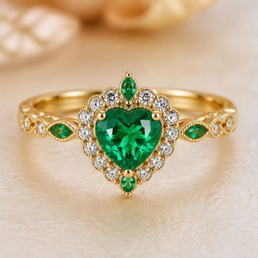 A romantic women's ring made of gold with diamond and emerald stones suitable for engagement
photorealistic jewelry design, A romantic women's ring made of gold with diamond and emerald stones suitable for engagement, romantic style, just the design no text