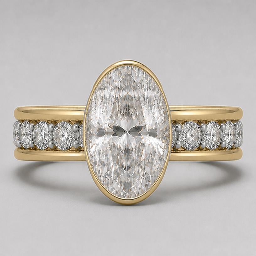 2mm bezel tapered down to 1mm on both side
edit the attached jewelry design with these instructions: 2mm bezel tapered down to 1mm on both side. keep it photorealistic, just the design no text