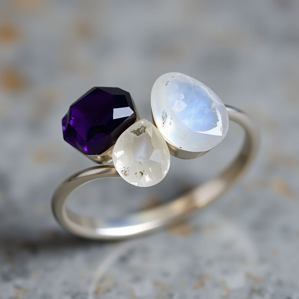 Create silver adjustable ring design, use minimal silver, using 2 raw gemstones 