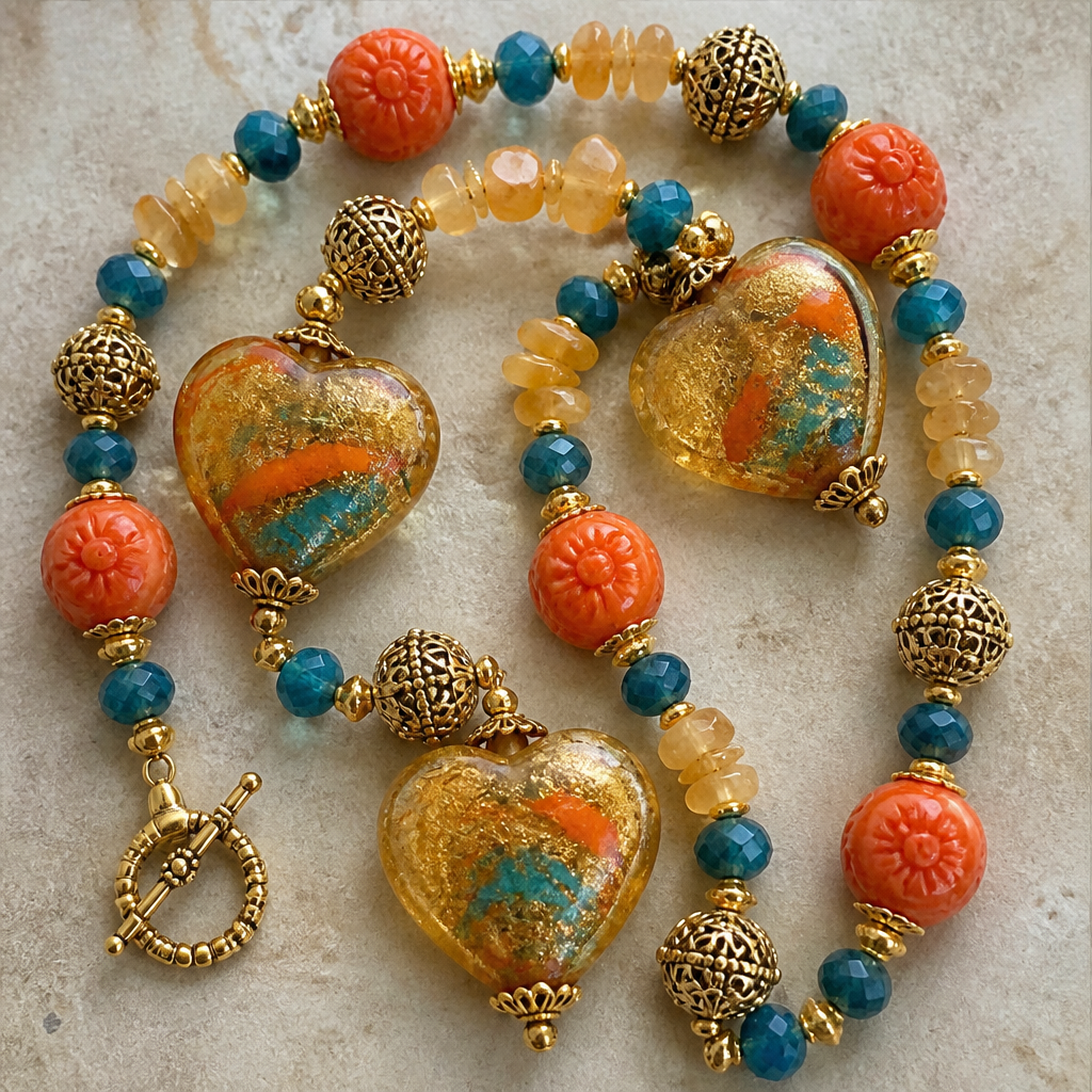 Murano glass heart beads golden citrine in color with orange and teal colors in them 24.5mm x 24.5mm, carved orange coral 18mm beads, teal faceted apatite beads, yellow opal chips, gold filigree beads
photorealistic jewelry design, Murano glass heart beads golden citrine in color with orange and teal colors in them 24.5mm x 24.5mm, carved orange coral 18mm beads, teal faceted apatite beads, yellow opal chips, gold filigree beads , vintage style, just the design no text