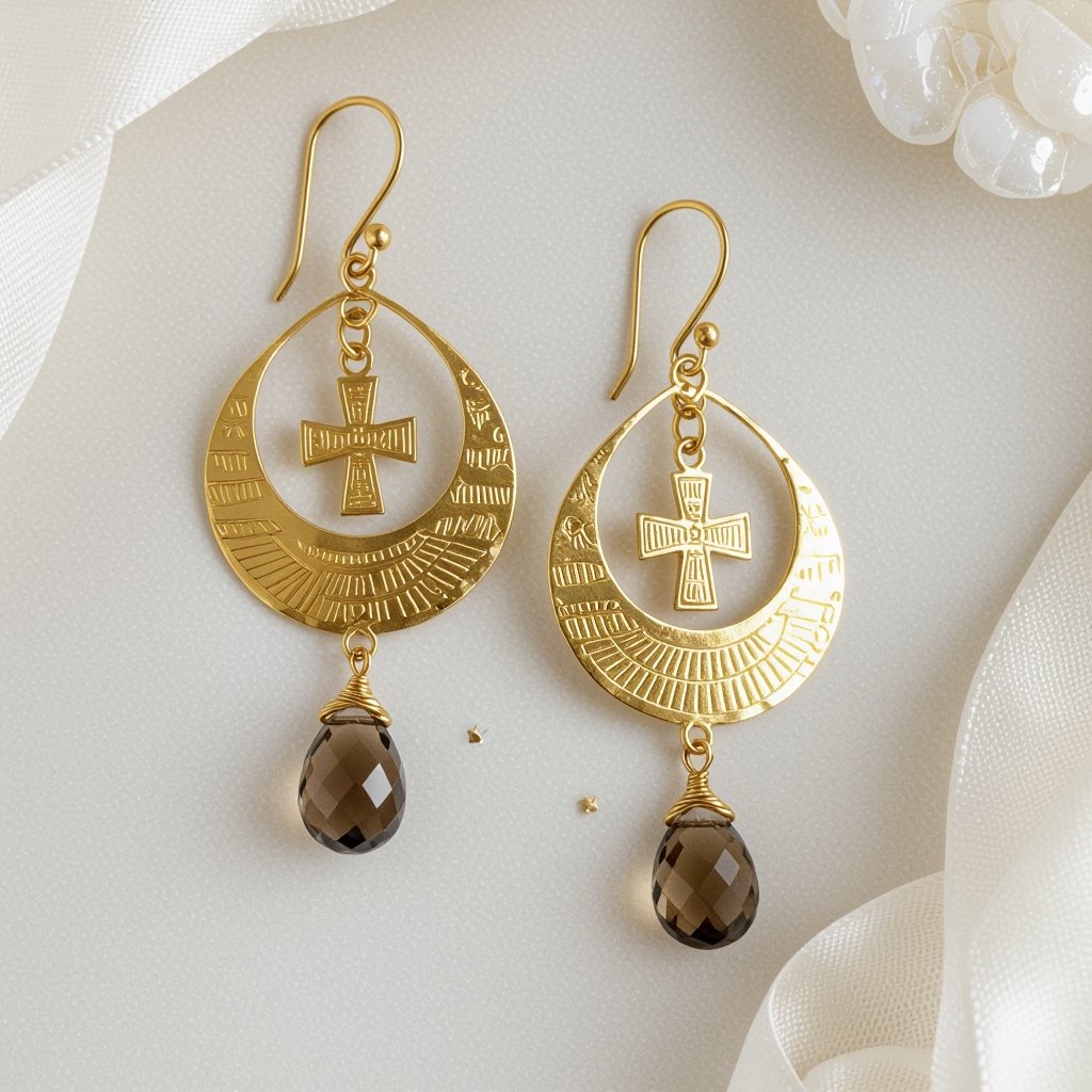 Золотые серьги словно мятое золото в форме узкого изящного полумесяца. Верхушка полумесяца крепится к застежке серьги. К нижней части полумесяца крепятся три подвески: миниатюрный золотой египетриский крест, очень маленький кристалл раухтопаза и маленькая золотая звездочка