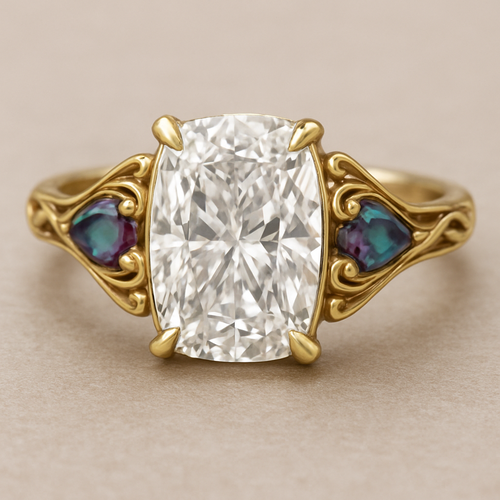 2 carat elongated cushion cut diamond engagement ring with double claw prongs in yellow gold ring with marquise shaped alexandrite side stones 