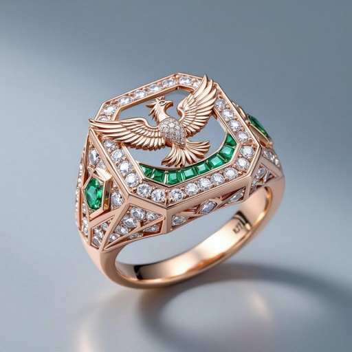 Geomatric rose gold and A platinum signet ring with phoenix printed on it for women Design a luxurious platinum signet ring that embodies the elegance of Art Deco style, featuring a striking phoenix rendered in intricate geometric patterns. Emphasize bold lines and symmetry, with contrasting finishes for depth. Adorn the ring with brilliant-cut diamonds and emeralds, capturing the spirit of rebirth and timeless sophistication. Rose gold geometric ring. Platinum signet ring with a phoenix. Platinum Art Deco signet ring with a phoenix, brilliant-cut diamonds, and emeralds.