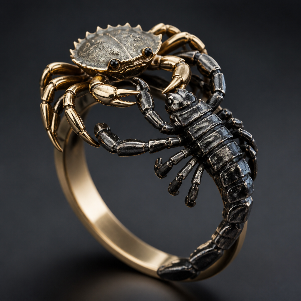A women's ring. crab choking scorpian
scorpian starring at crab st
inging crab
photorealistic jewelry design, A women's ring. crab choking scorpian
scorpian starring at crab st
inging crab, modern style, just the design no text