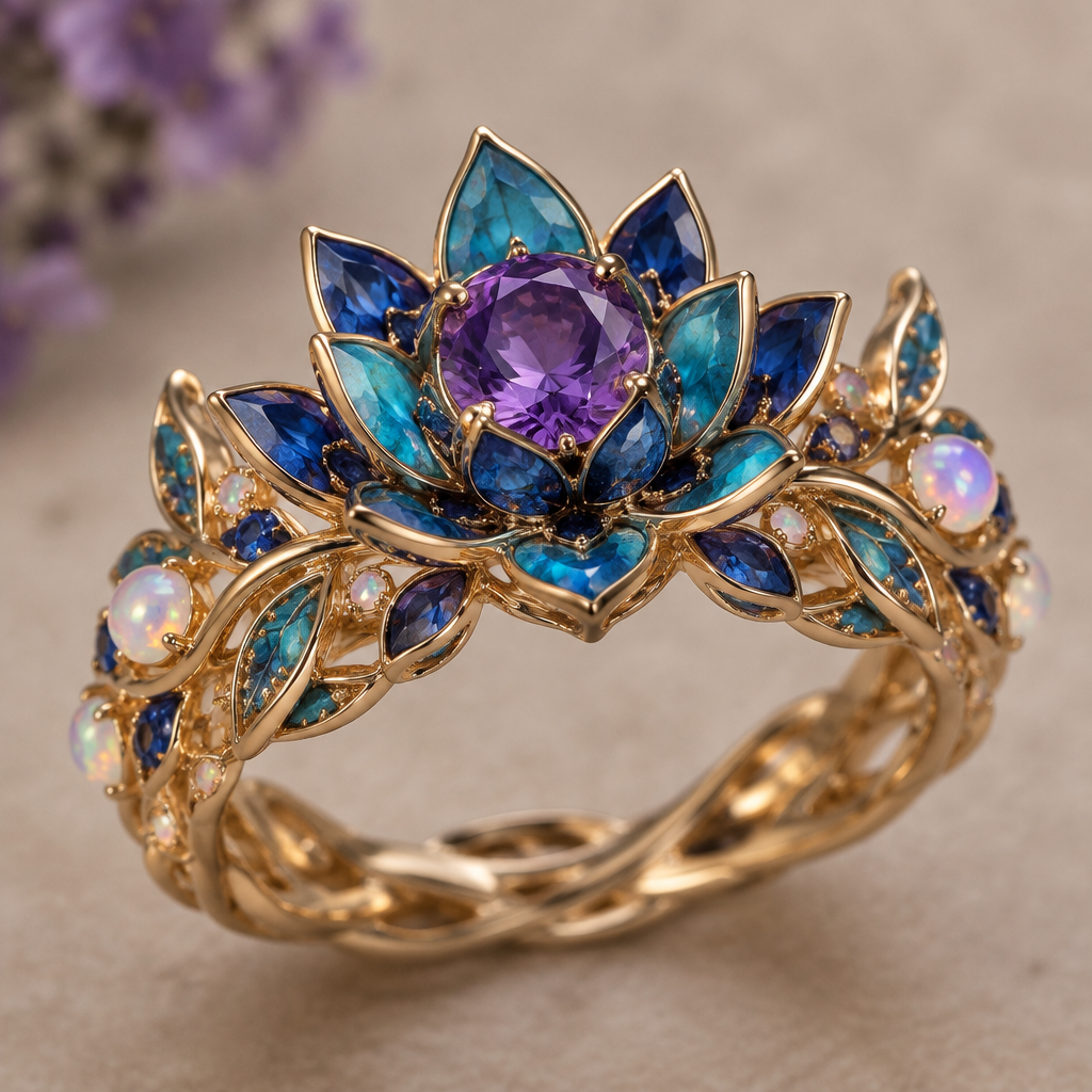 A gemstone-focused women's ring made of gold with sapphire and turquoise and amethyst and opal stones suitable for engagement, detailed and decorative, moderately ornate. un anillo en forma de flor de loto 🪷 en el centro una amatista y los pétalos zafiro mezclado con turquesa y para alrededor del dedo ramas de hojas y pero en el centro de la rama un toque de ópalo acompañado en el centro
photorealistic jewelry design, A gemstone-focused women's ring made of gold with sapphire and turquoise and amethyst and opal stones suitable for engagement, detailed and decorative, moderately ornate. un anillo en forma de flor de loto 🪷 en el centro una amatista y los pétalos zafiro mezclado con turquesa y para alrededor del dedo ramas de hojas y pero en el centro de la rama un toque de ópalo acompañado en el centro, gemstone_focused style, just the design no text