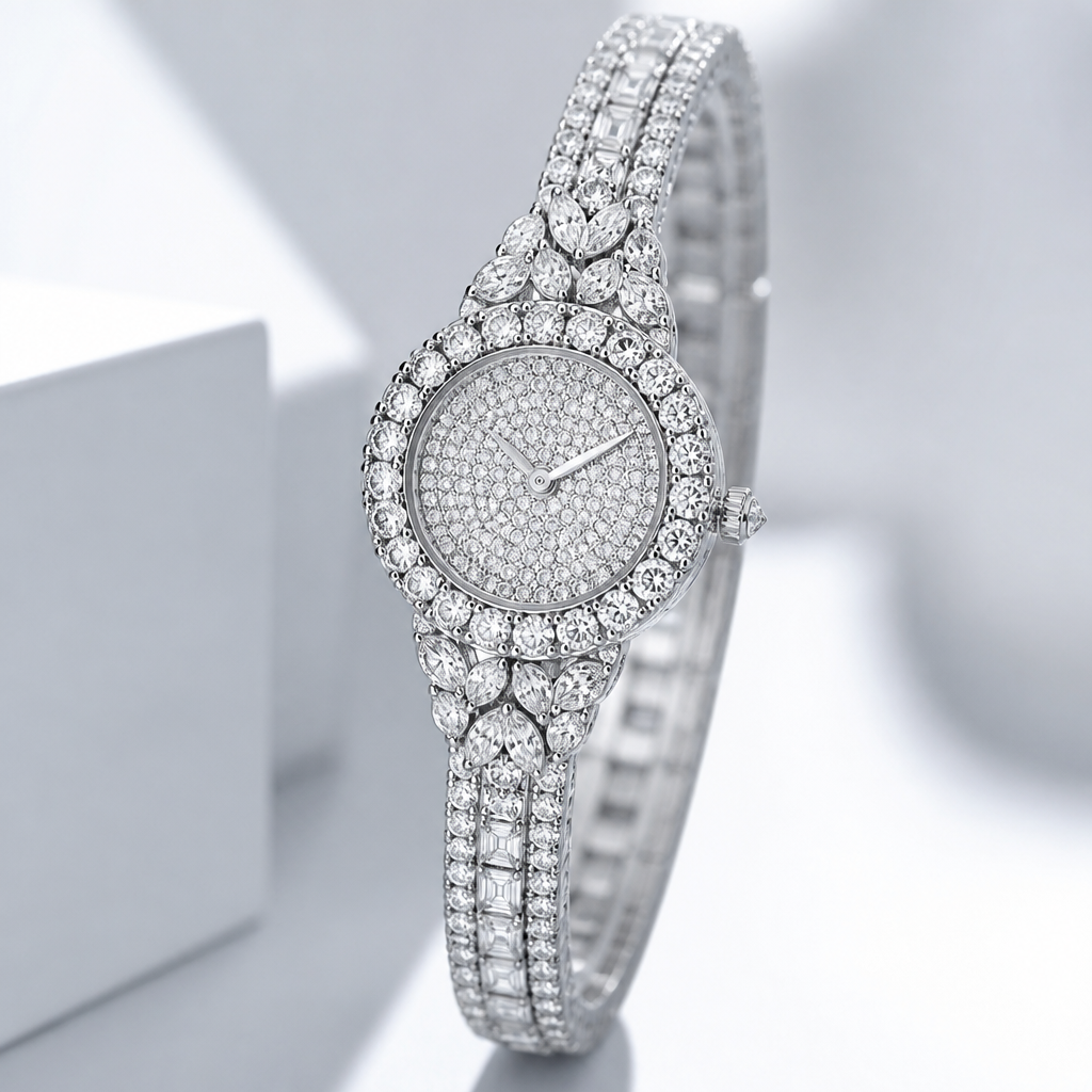 A luxury women's watch made of platinum with diamond stones
photorealistic jewelry design, A luxury women's watch made of platinum with diamond stones, luxury style, just the design no text