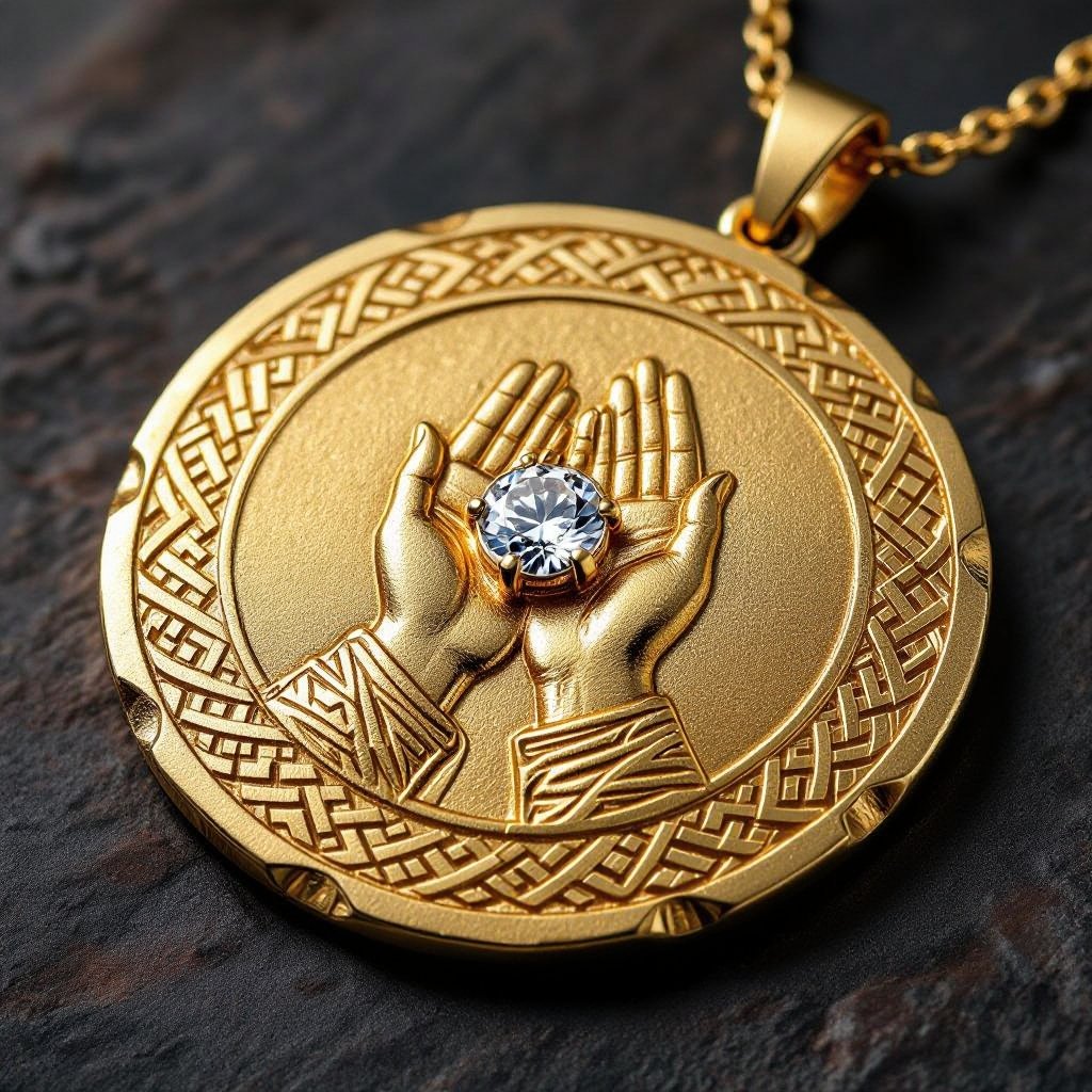 Золотой матовый медальон похожий на мятую монету с неровными краями. По кругу выгравированы изящные узоры. В центре символически изображены ладони, сложенные в молитве и от них исходит свет