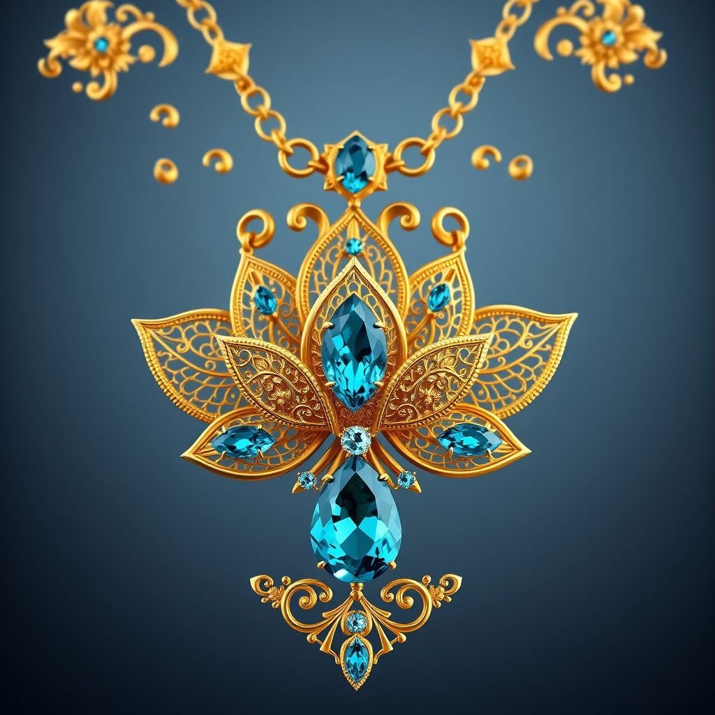 A 50 carat lotus shaped pendant necklace with VVS Nanette-cut turquoise sapphire gemstones and gold chain 