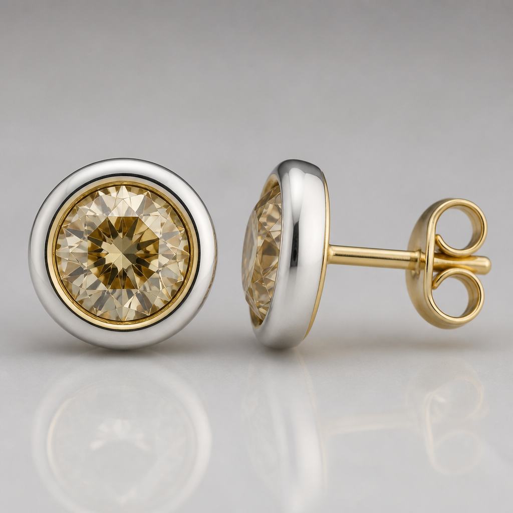 Earrings post, yellow and white gold; center stone 3.2 champagne diamond, bezel edge white, gold
photorealistic jewelry design, Earrings post, yellow and white gold; center stone 3.2 champagne diamond, bezel edge white, gold, just the design no text