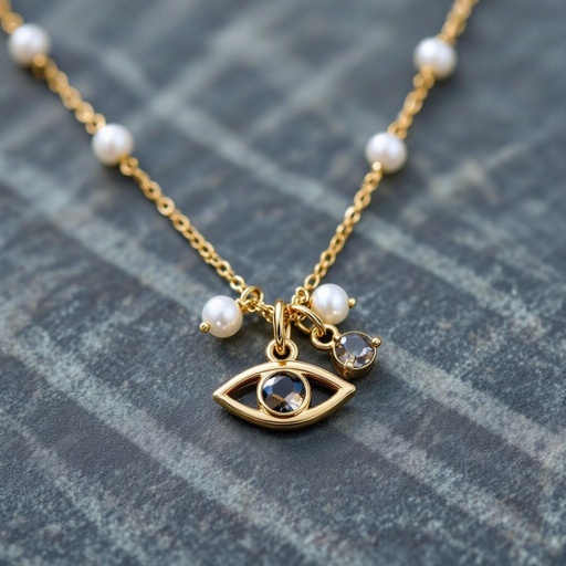 Тонкая цепочка с золотыми шариками и мелкими жемчужными камушками на цепочке есть кулон в форме глаза, зрачок глаза из раухтопаза от глаза идет маленькая подвеска с маленьким камушком 