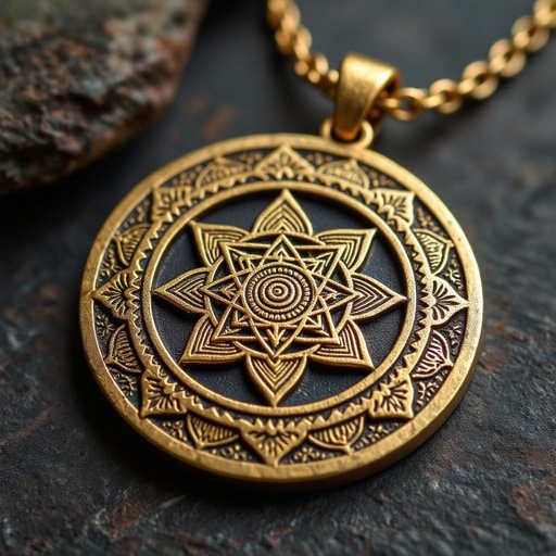 Золотой матовый кулон состаренный в виде круга, в центре изображена янтра богини кали