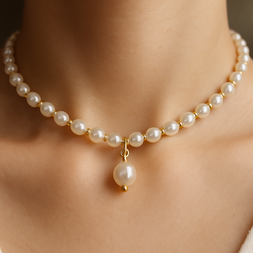 Delicate pearl choker with gold accents